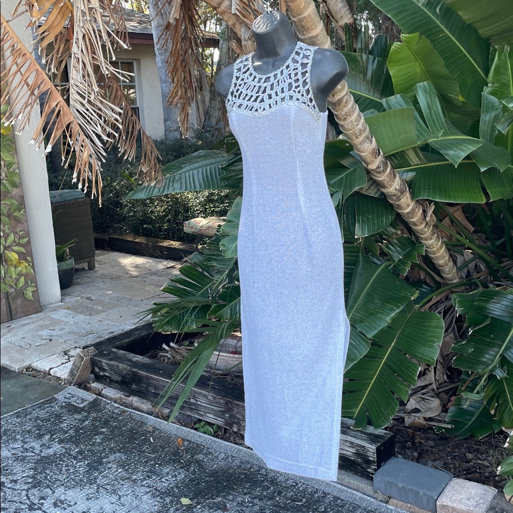 Silver lace bodice midi dress with side slit